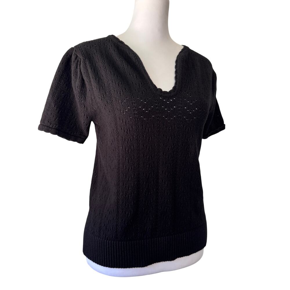 Black Semi-Sheer V-Neck Short Sleeve Sweater - Picture 4 of 7